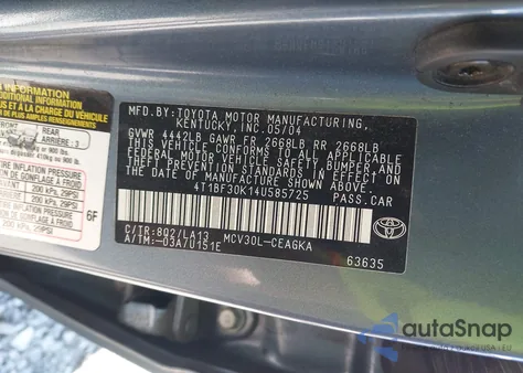 2004 Toyota Camry Xle V6 z USA, uszkodzony, nr VIN 4T1BF30K14U585725